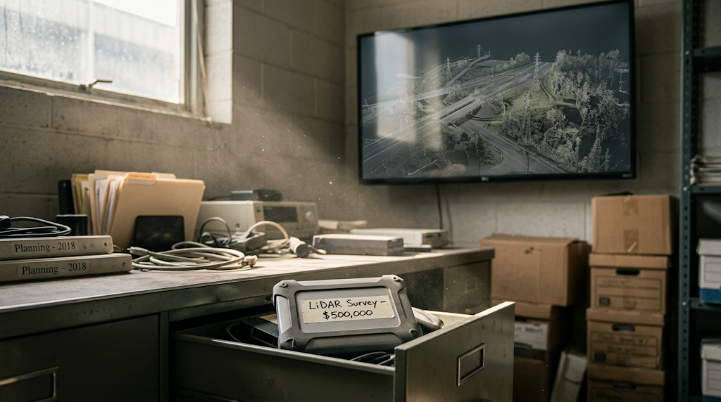 A hard drive in a desk drawer beside an unopened LiDAR point cloud dataset.