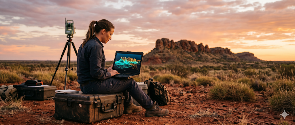 A geotechnical surveyor in the field reviewing a full-resolution point cloud on a standard laptop, total station on a tripod beside her.