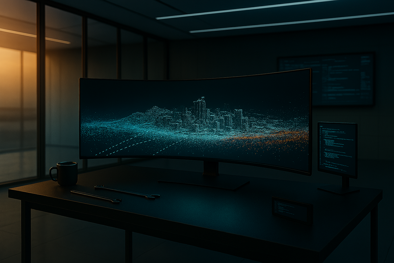 Point cloud city visualization rendered on a standard workstation monitor